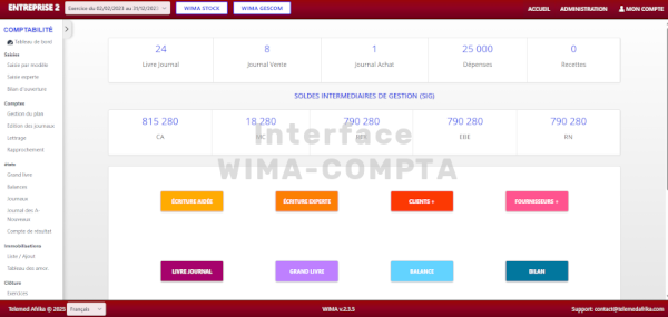Interface du logiciel WIMA-COMPTA - Tableau de bord principal